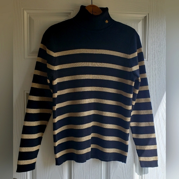 Lauren Ralph Lauren Sweaters - LAUREN RALPH LAUREN Women’s Black Gold Stripe Ribbed Turtleneck Sweater XL